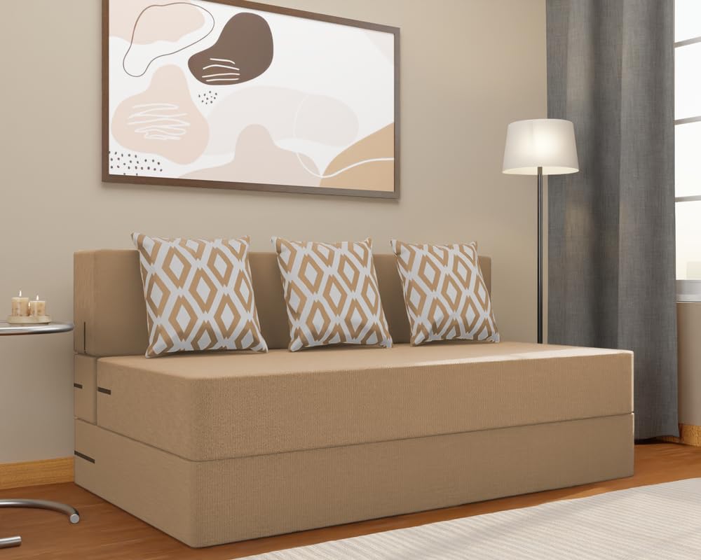 Adorn India Easy 3 Seater Sofa Cum Bed (Rhombus Pattern) Size 5' X 6' Ft (Beige Color) Perfect for Home & Office for Guests (1 Year Warranty)