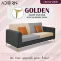 Adorn India Premium Harlem 3 Seater Sofa | Velvet Suede Upholstery | 3-Year Warranty | Dark Grey, Gey & Beige with Gold Legs & Cushion