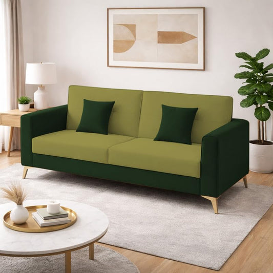 Adorn India Premium Harlem 3 Seater Sofa | Velvet Suede Upholstery | 3-Year Warranty | Dark Green & Light Green with Gold Legs & Cushion
