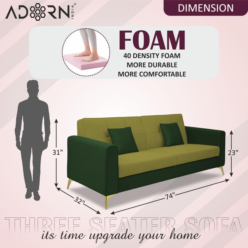 Adorn India Premium Harlem 3 Seater Sofa | Velvet Suede Upholstery | 3-Year Warranty | Dark Green & Light Green with Gold Legs & Cushion