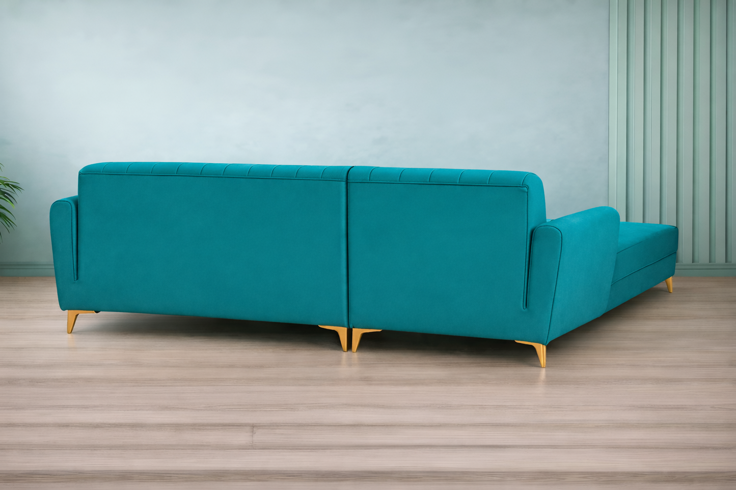 Adorn India Premium Luster 6 Seater L Shape Sofa Set | Velvet Suede Fabric | 3-Year Warranty | LHS |Color Aqua Blue with Golden Legs & Striped Pattern Cushion