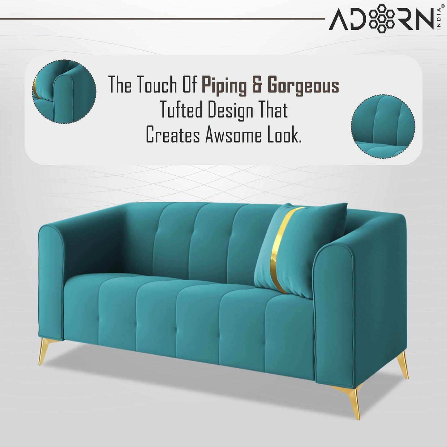 Adorn India Premium Mystic - 3 Years Warranty - 2 Seater Sofa Velvet Suede Fabric - Aqua Blue