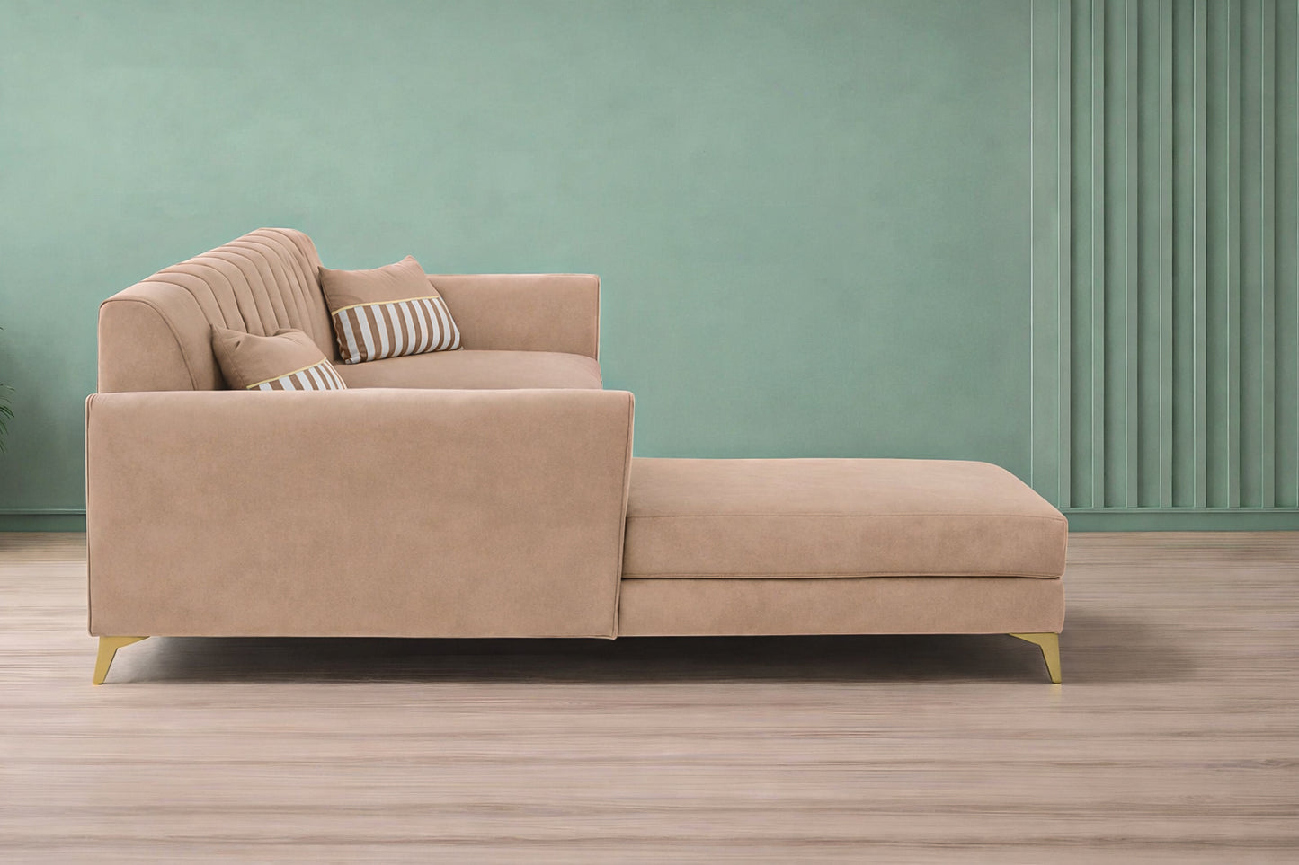 Adorn India Premium Luster 6 Seater L Shape Sofa Set | Velvet Suede Fabric | 3-Year Warranty | LHS |Color Beige with Golden Legs & Striped Pattern Cushion