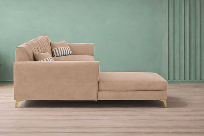 Adorn India Premium Luster 6 Seater L Shape Sofa Set | Velvet Suede Fabric | 3-Year Warranty | LHS |Color Beige with Golden Legs & Striped Pattern Cushion