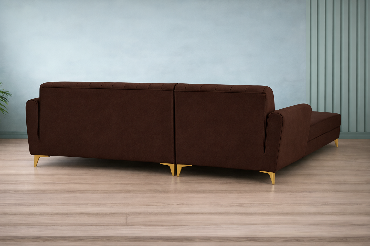 Adorn India Premium Luster 6 Seater L Shape Sofa Set | Velvet Suede Fabric | 3-Year Warranty | LHS |Color Brown with Golden Legs & Striped Pattern Cushion