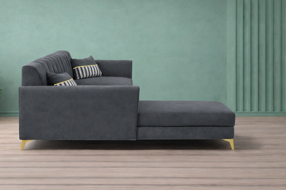 Adorn India Premium Luster 6 Seater L Shape Sofa Set | Velvet Suede Fabric | 3-Year Warranty | LHS |Color Dark Grey with Golden Legs & Striped Pattern Cushion