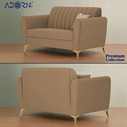 Adorn India Premium Luster 3-2 Sofa Set | Velvet Suede Fabric | 3-Year Warranty | Color Camel with Golden Legs & Striped Pattern Cushion