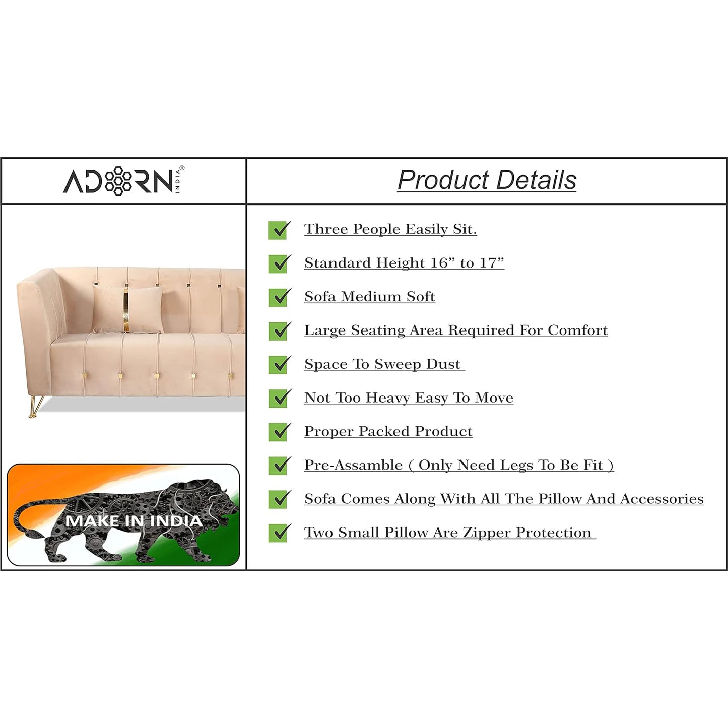 Adorn India Premium Lotus 3 Seater Sofa (Velvet Fabric Colour Beige)