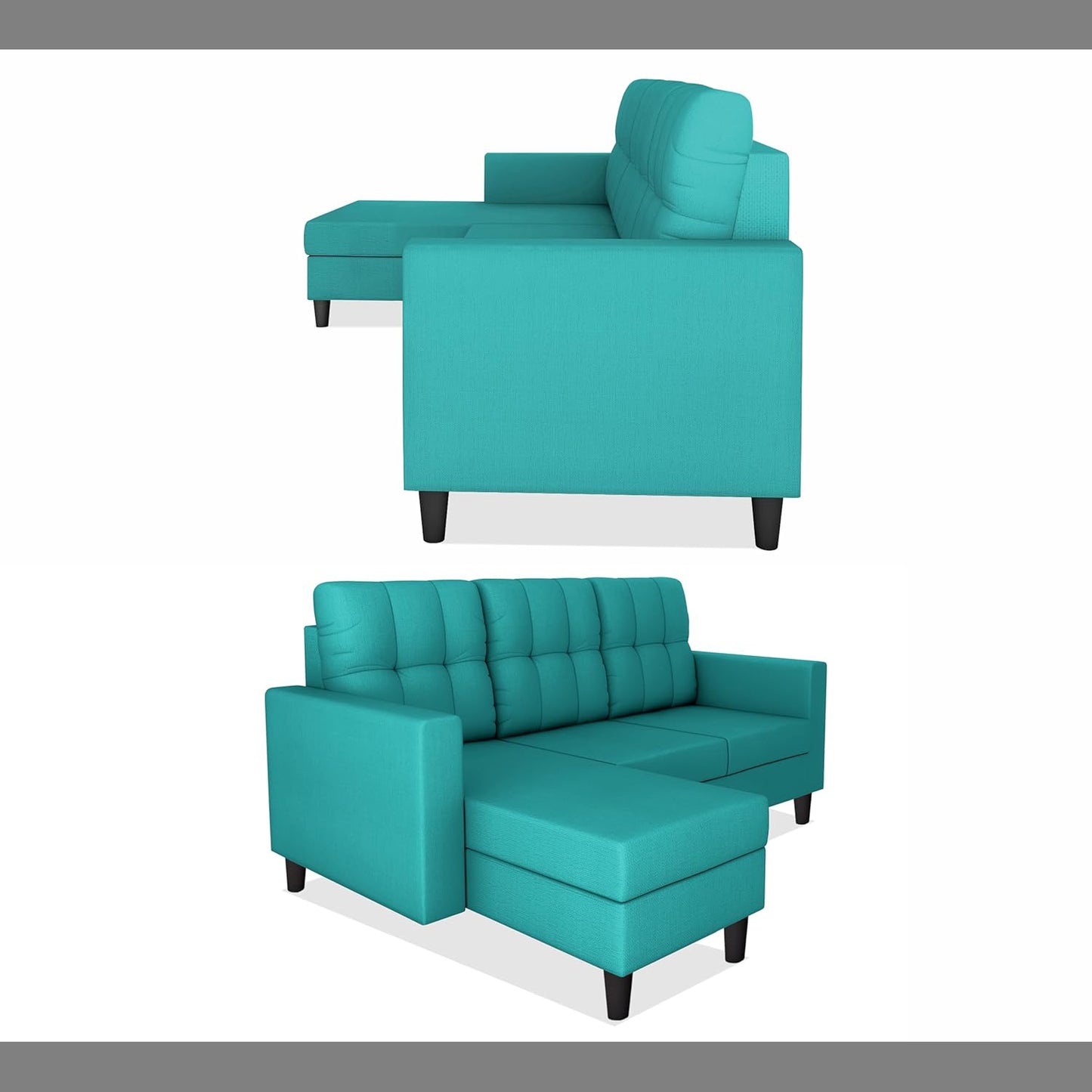 Adorn India Darcy L Shape 4 Seater Sofa Set (Aqua Blue)