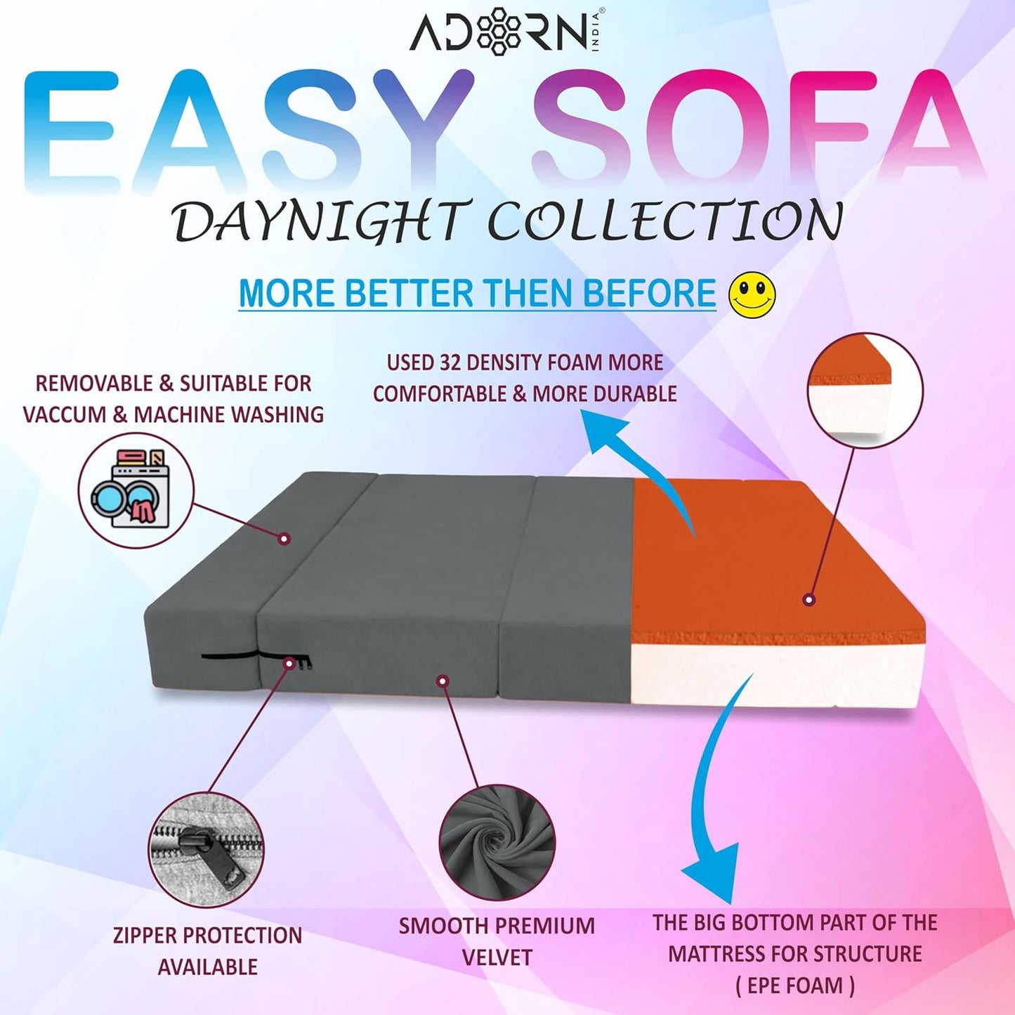 Adorn India Easy 3 Seater Sofa Cum Bed | Velvet Fabric | Dark Grey | Plain Design | 6x5 Ft | Comfortable Seating | Washable Cover | Perfect for Home & Office
