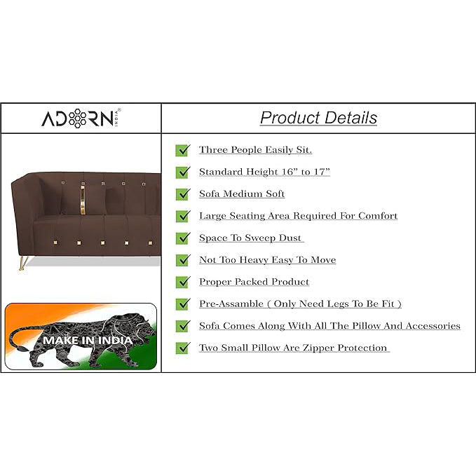 Adorn India Premium Lotus 3 Seater Sofa (Velvet Fabric Colour Brown)