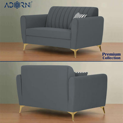 Adorn India Premium Luster 3+2 Sofa Set | Velvet Suede Fabric | 3-Year Warranty | Color Dark Grey with Golden Legs & Striped Pattern Cushion