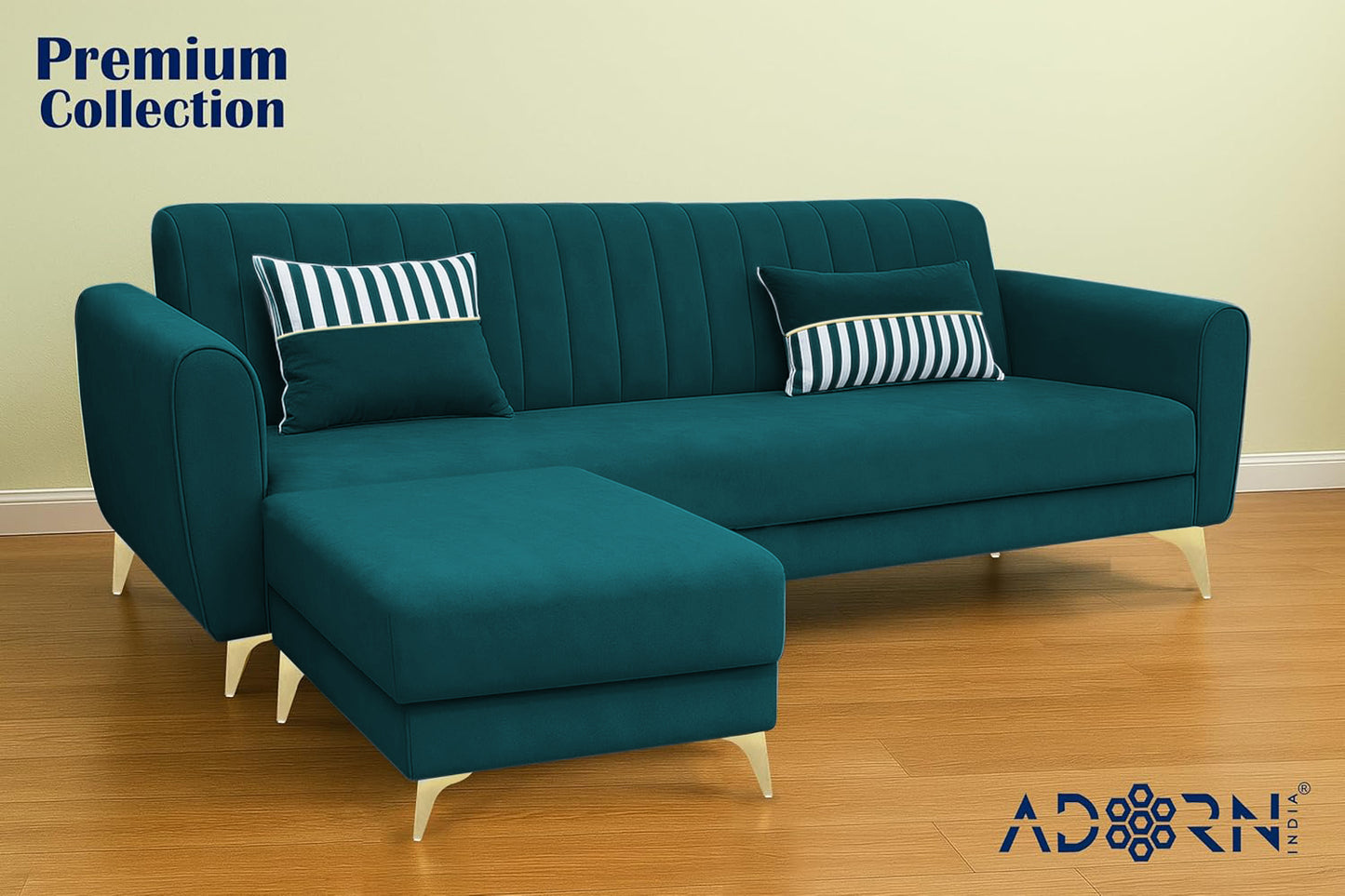 Adorn India Premium Luster 4 Seater L Shape Sofa Set | Velvet Suede Fabric | 3-Year Warranty | Color ocean Blue with Golden Legs & Striped Pattern Cushion