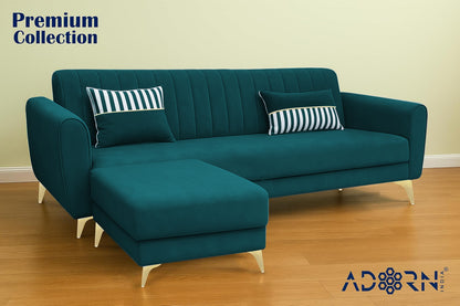 Adorn India Premium Luster 4 Seater L Shape Sofa Set | Velvet Suede Fabric | 3-Year Warranty | Color ocean Blue with Golden Legs & Striped Pattern Cushion