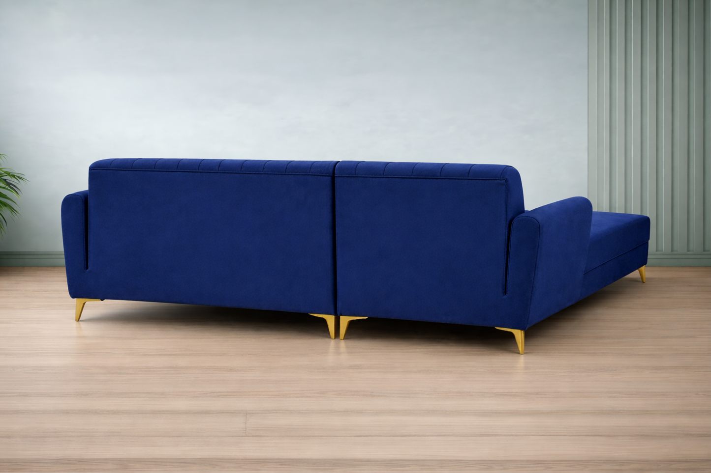 Adorn India Premium Luster 6 Seater L Shape Sofa Set | Velvet Suede Fabric | 3-Year Warranty | LHS |Color Blue with Golden Legs & Striped Pattern Cushion
