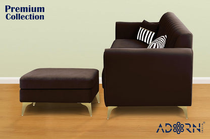 Adorn India Premium Luster 4 Seater L Shape Sofa Set | Velvet Suede Fabric | 3-Year Warranty | Color Grey Brown with Golden Legs & Striped Pattern Cushion