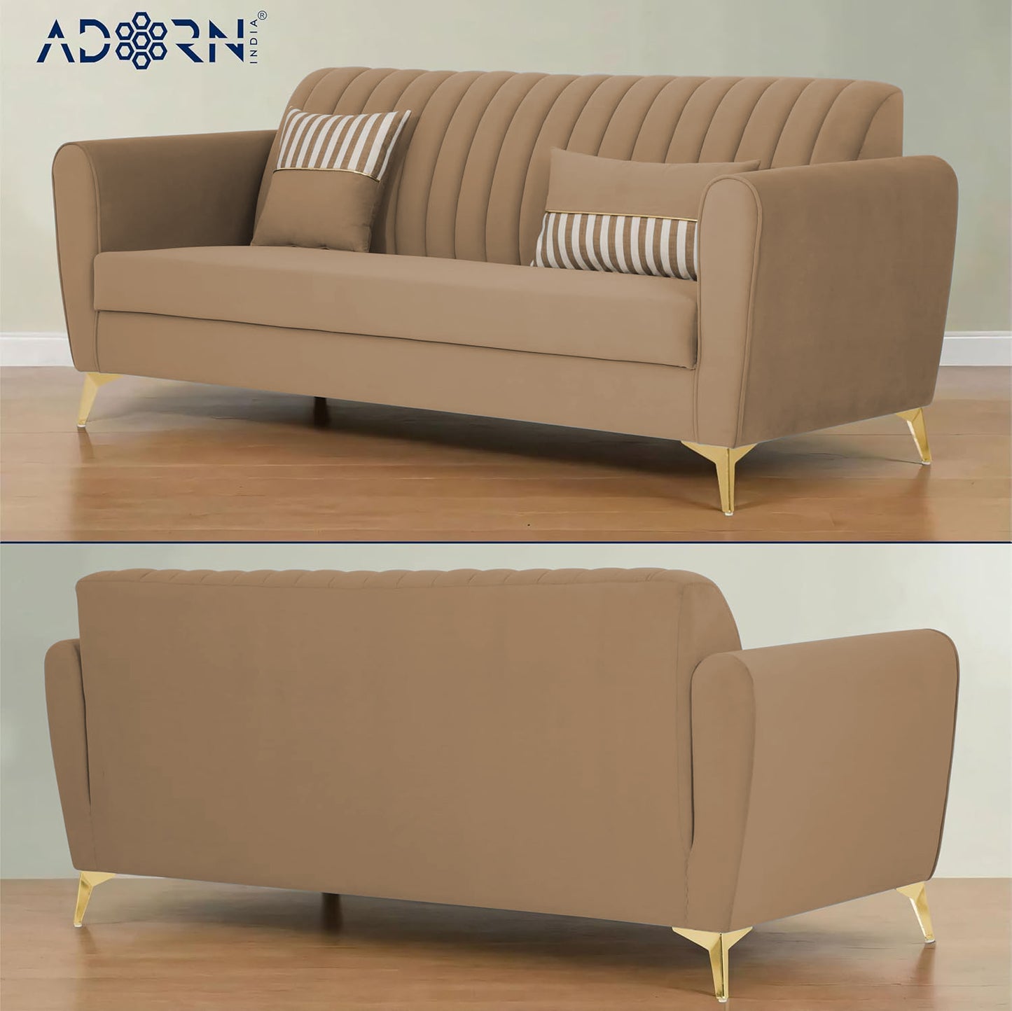 Adorn India Premium Luster 3-2-1 Sofa Set | Velvet Suede Fabric | 3-Year Warranty | Color Camel with Golden Legs & Striped Pattern Cushion