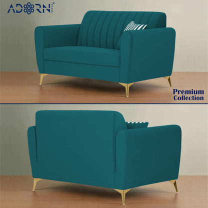 Adorn India Premium Luster 3-2 Sofa Set | Velvet Suede Fabric | 3-Year Warranty | Color Ocean Blue with Golden Legs & Striped Pattern Cushion