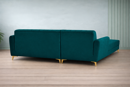 Adorn India Premium Luster 6 Seater L Shape Sofa Set | Velvet Suede Fabric | 3-Year Warranty | LHS |Color Ocean Blue with Golden Legs & Striped Pattern Cushion