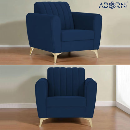 Adorn India Premium Luster 3-1-1 Sofa Set | Velvet Suede Fabric | 3-Year Warranty | Color Blue with Golden Legs & Striped Pattern Cushion