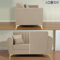 Adorn India Premium Luster 2 Seater | Velvet Suede Fabric | 3-Year Warranty | Color Beige with Golden Legs & Striped Pattern Cushion