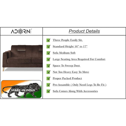 Adorn India Premium Benington 3 Seater Sofa (Velvet Fabric Colour Brown)