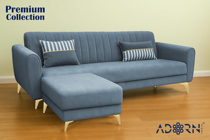 Adorn India Premium Luster 4 Seater L Shape Sofa Set | Velvet Suede Fabric | 3-Year Warranty | Color Grey with Golden Legs & Striped Pattern Cushion