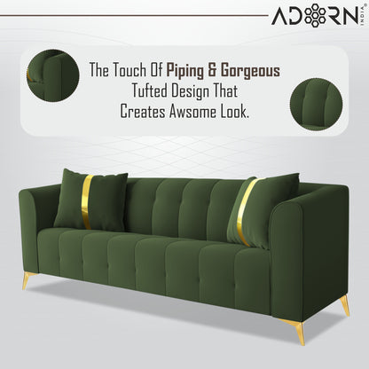 Adorn India Premium Mystic - 3 Years Warranty - 3 Seater Sofa Velvet Suede Fabric -Green