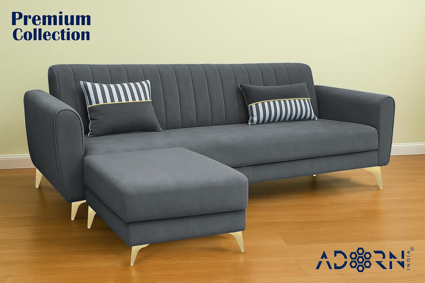 Adorn India Premium Luster 4 Seater L Shape Sofa Set | Velvet Suede Fabric | 3-Year Warranty | Color Dark Grey with Golden Legs & Striped Pattern Cushion