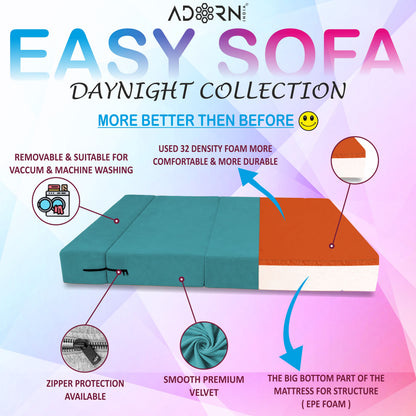 Adorn India Easy 3 Seater Sofa Cum Bed | Velvet Fabric | Aqua Blue | Plain Design | 6x5 Ft | Comfortable Seating | Washable Cover | Perfect for Home & Office