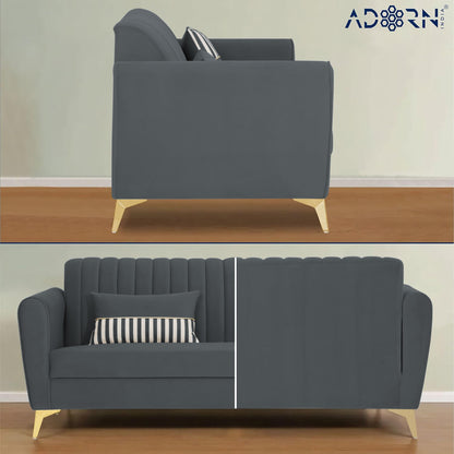 Adorn India Premium Luster 3 Seater | Velvet Suede Fabric | 3-Year Warranty | Color Dark Grey with Golden Legs & Striped Pattern Cushion