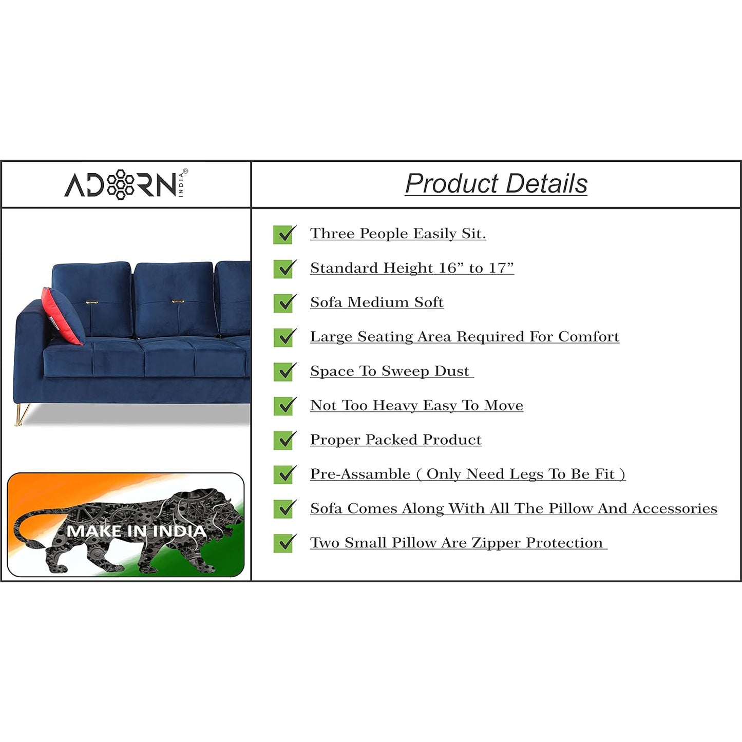 Adorn India Premium Morgan 3 Seater Sofa (Velvet Suede Fabric Colour Blue)