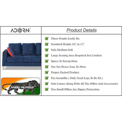 Adorn India Premium Morgan 3 Seater Sofa (Velvet Suede Fabric Colour Blue)