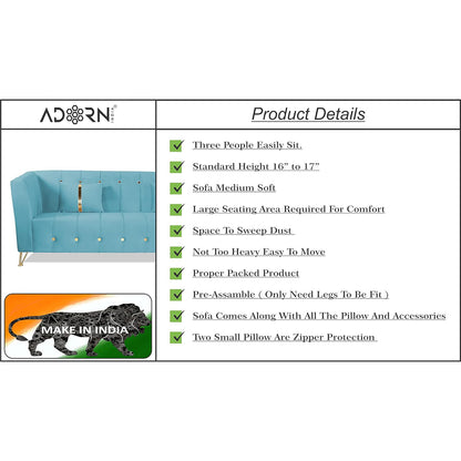 Adorn India Premium Lotus 3 Seater Sofa Set (Velvet Fabric Colour Aqua Blue)