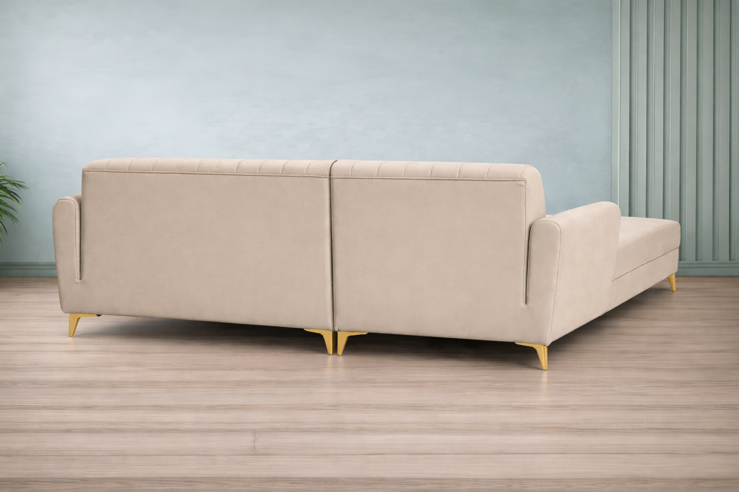 Adorn India Premium Luster 6 Seater L Shape Sofa Set | Velvet Suede Fabric | 3-Year Warranty | LHS |Color Cream with Golden Legs & Striped Pattern Cushion
