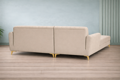 Adorn India Premium Luster 6 Seater L Shape Sofa Set | Velvet Suede Fabric | 3-Year Warranty | LHS |Color Cream with Golden Legs & Striped Pattern Cushion