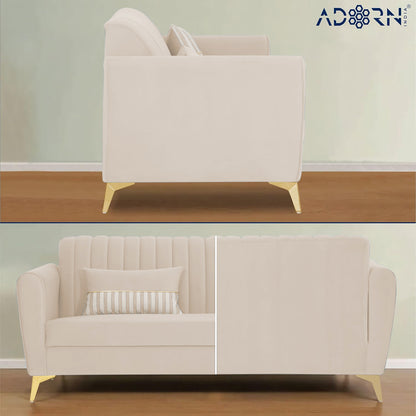 Adorn India Premium Luster 3 Seater | Velvet Suede Fabric | 3-Year Warranty | Color Cream with Golden Legs & Striped Pattern Cushion