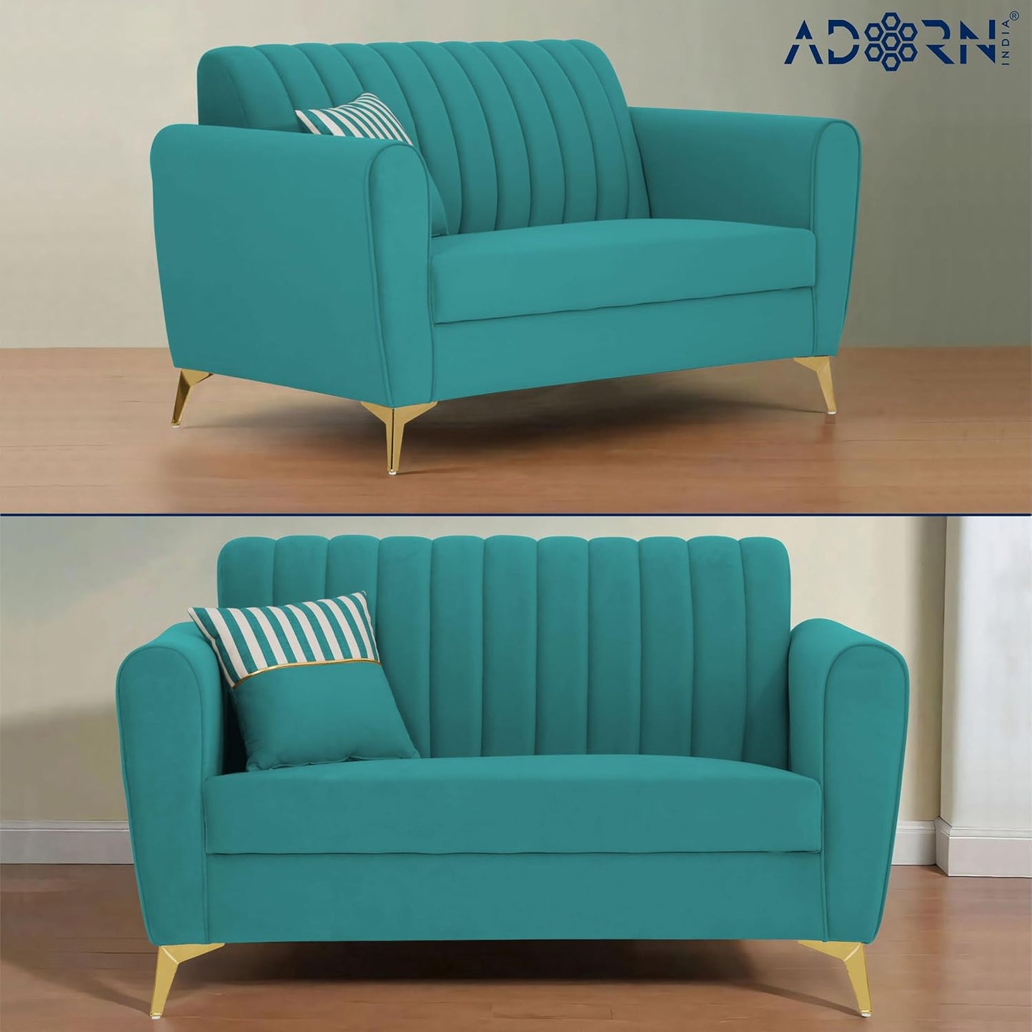 Adorn India Premium Luster 3-2-1 Sofa Set | Velvet Suede Fabric | 3-Year Warranty | Color Aqua Blue with Golden Legs & Striped Pattern Cushion