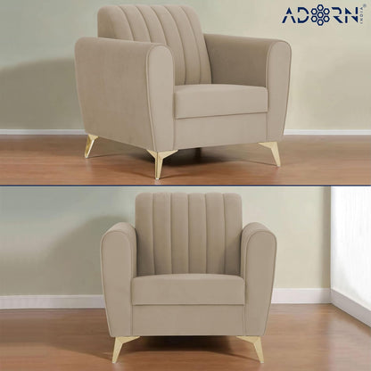Adorn India Premium Luster 3+1+1 Sofa Set | Velvet Suede Fabric | 3-Year Warranty | Color Beige with Golden Legs & Striped Pattern Cushion