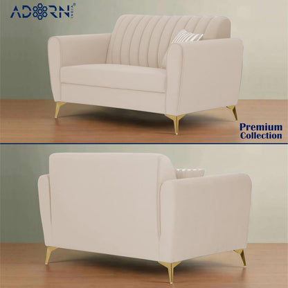 Adorn India Premium Luster 3-2 Sofa Set | Velvet Suede Fabric | 3-Year Warranty | Color Cream with Golden Legs & Striped Pattern Cushion