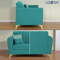 Adorn India Premium Luster 2 Seater | Velvet Suede Fabric | 3-Year Warranty | Color Aqua Blue with Golden Legs & Striped Pattern Cushion