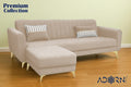 Adorn India Premium Luster 4 Seater L Shape Sofa Set | Velvet Suede Fabric | 3-Year Warranty | Color Cream with Golden Legs & Striped Pattern Cushion