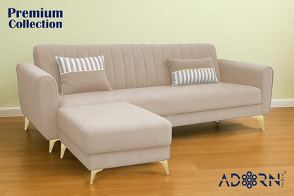 Adorn India Premium Luster 4 Seater L Shape Sofa Set | Velvet Suede Fabric | 3-Year Warranty | Color Cream with Golden Legs & Striped Pattern Cushion