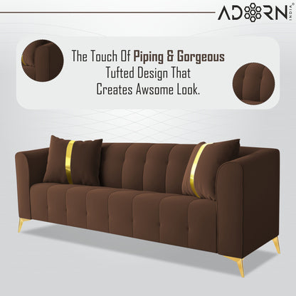 Adorn India Premium Mystic - 3 Years Warranty - 3 Seater Sofa Velvet Suede Fabric -Brown