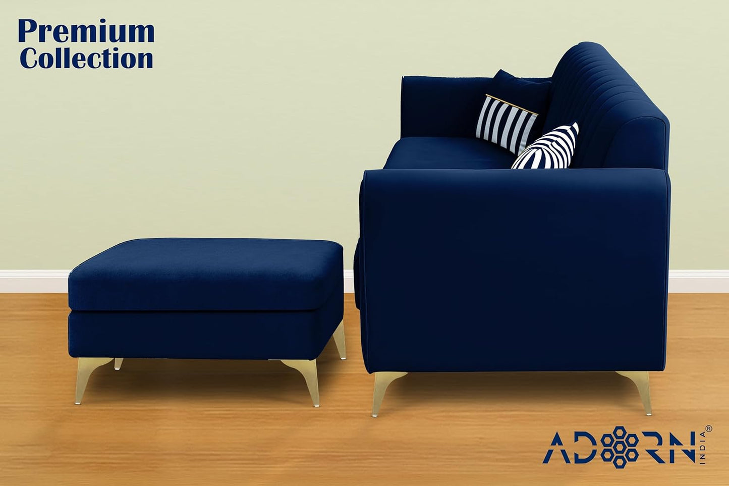 Adorn India Premium Luster 4 Seater L Shape Sofa Set | Velvet Suede Fabric | 3-Year Warranty | Color Blue with Golden Legs & Striped Pattern Cushion