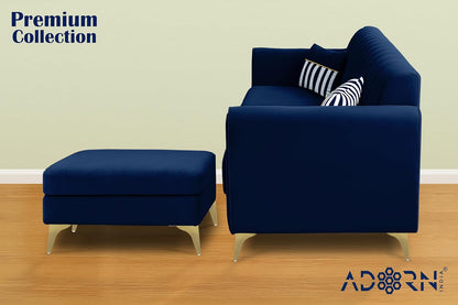 Adorn India Premium Luster 4 Seater L Shape Sofa Set | Velvet Suede Fabric | 3-Year Warranty | Color Blue with Golden Legs & Striped Pattern Cushion