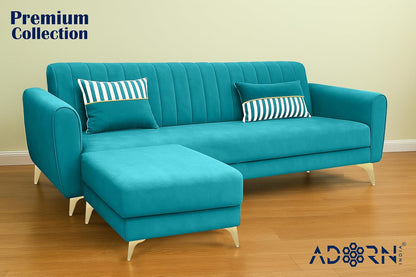 Adorn India Premium Luster 4 Seater L Shape Sofa Set | Velvet Suede Fabric | 3-Year Warranty | Color Aqua Blue with Golden Legs & Striped Pattern Cushion