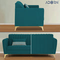 Adorn India Premium Luster 3 Seater | Velvet Suede Fabric | 3-Year Warranty | Color Ocean Blue with Golden Legs & Striped Pattern Cushion