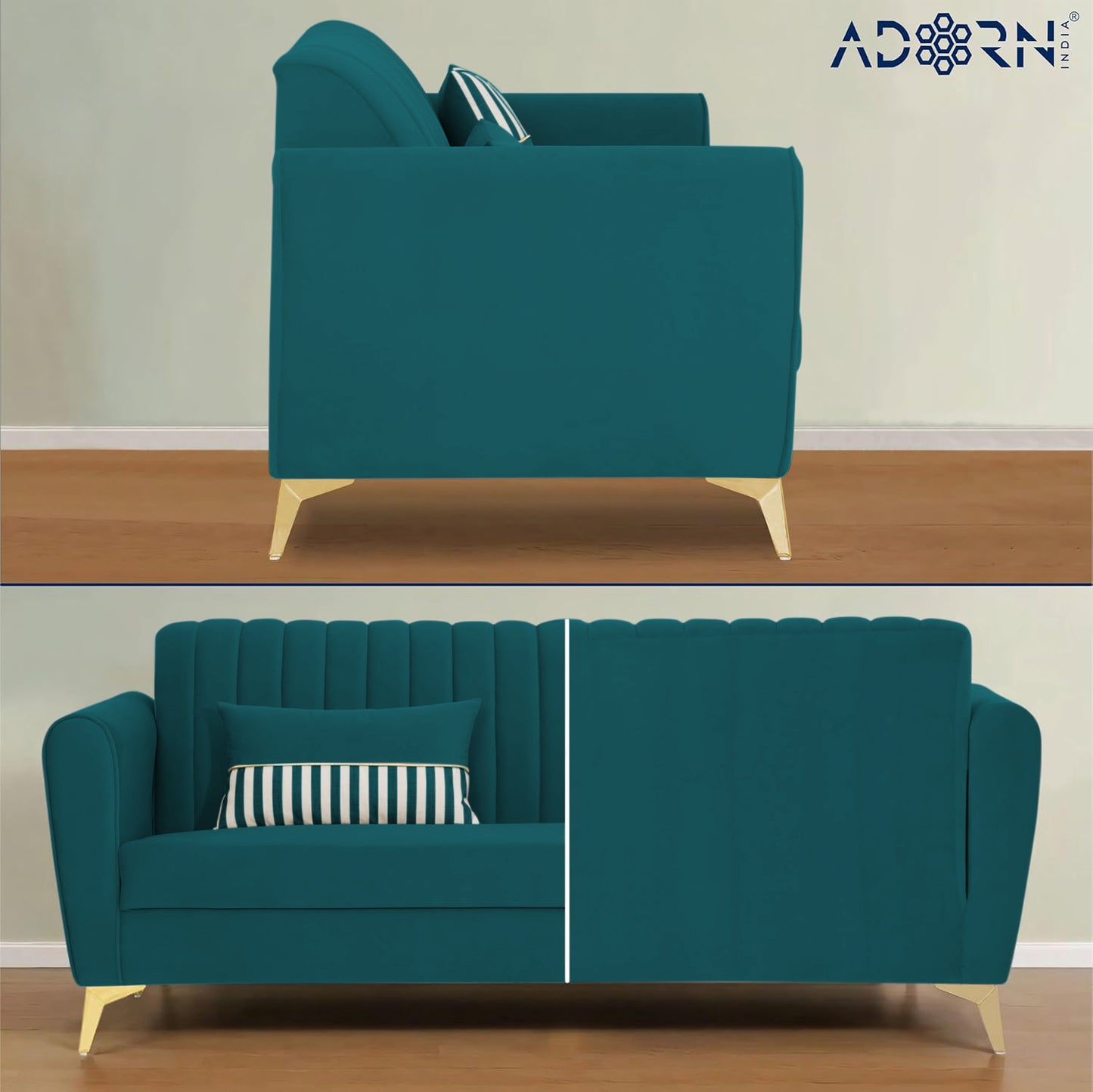 Adorn India Premium Luster 3 Seater | Velvet Suede Fabric | 3-Year Warranty | Color Ocean Blue with Golden Legs & Striped Pattern Cushion