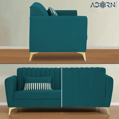 Adorn India Premium Luster 3 Seater | Velvet Suede Fabric | 3-Year Warranty | Color Ocean Blue with Golden Legs & Striped Pattern Cushion